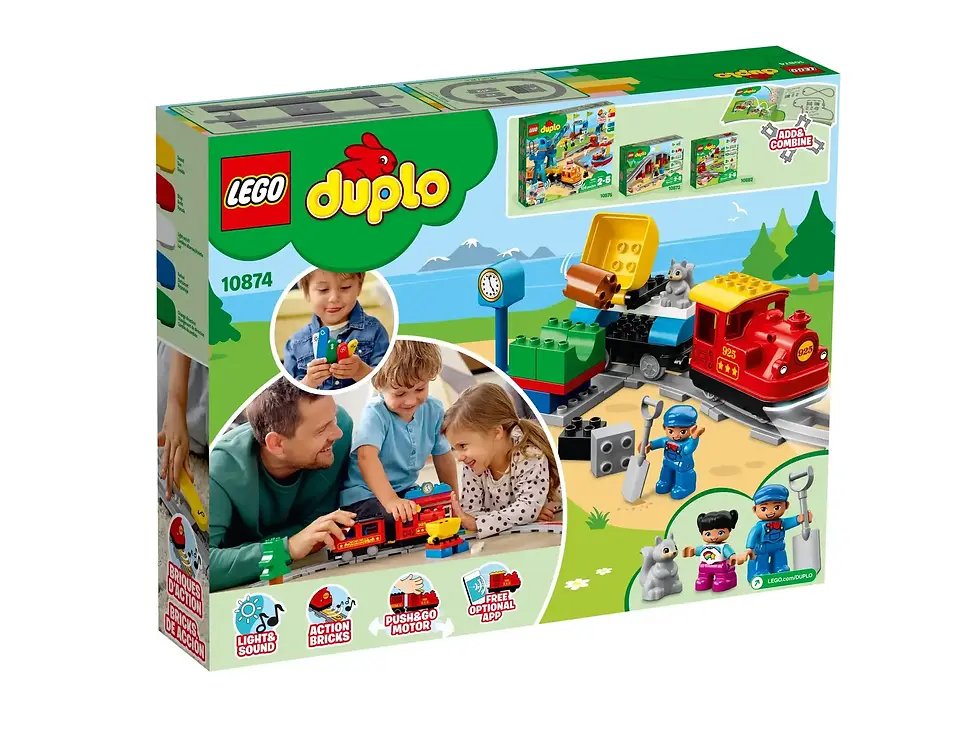 Thumbnail: LEGO Duplo stoomtrein baan en station 10874 speelset voor 2 tot en met 5 jarige kinderen. Achterkant van de doos: kinderen maken hun eerste kennis met programmeren. 