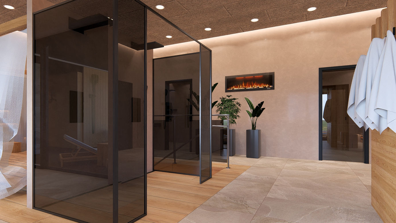Fotorealistická vizualizace wellness prostoru MONA&CO se sprchami a šatnou
