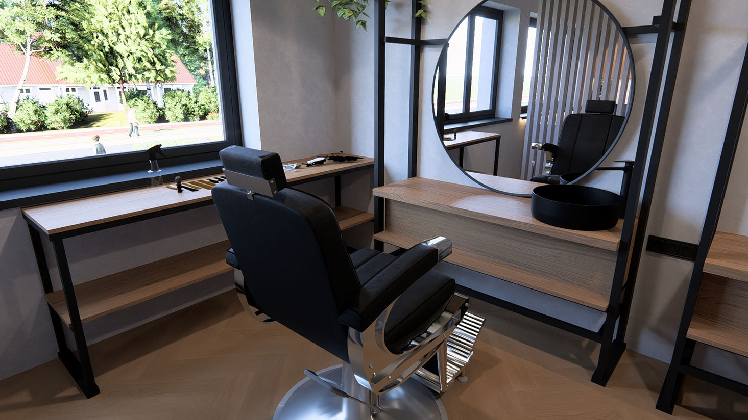 Fotorealistická vizualizace kadeřnického pracovního místa u okna
