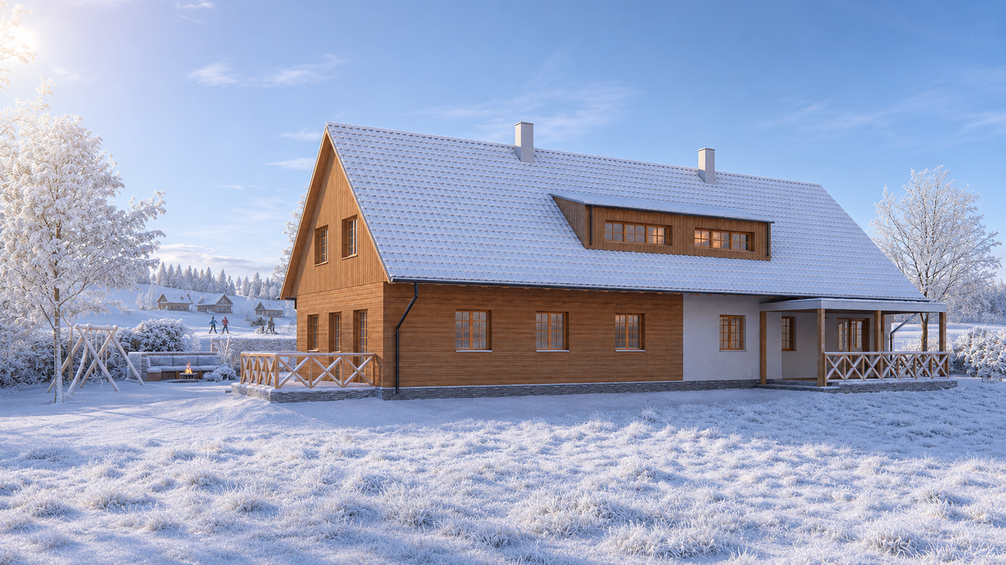 Fotorealistická vizualizace rekreačního domu s dřevěnou fasádou a terasou