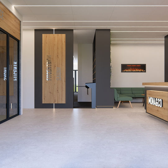 Stylová recepce v komplexu MONA@CO s minimalistickým osvětlením a dřevěným obložením.