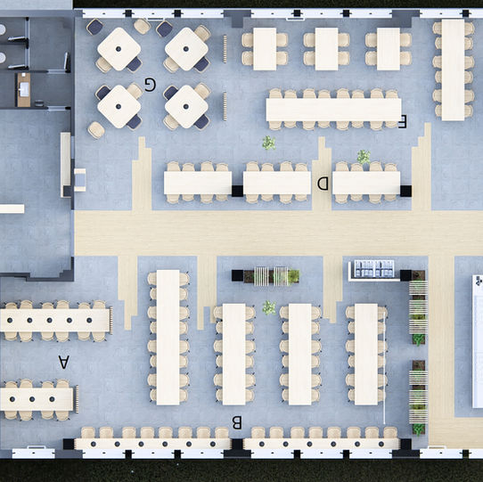 3D vizualizace půdorysu velké moderní jídelny z ptačí perspektivy. Prostor je rozdělen na sekce s kulatými i obdélníkovými stoly, dlouhým barovým pultem podél oken a výdejní zónou. V levé části je schodiště, toalety a vstupní prostor s odkládacím prostorem pro zaměstnance