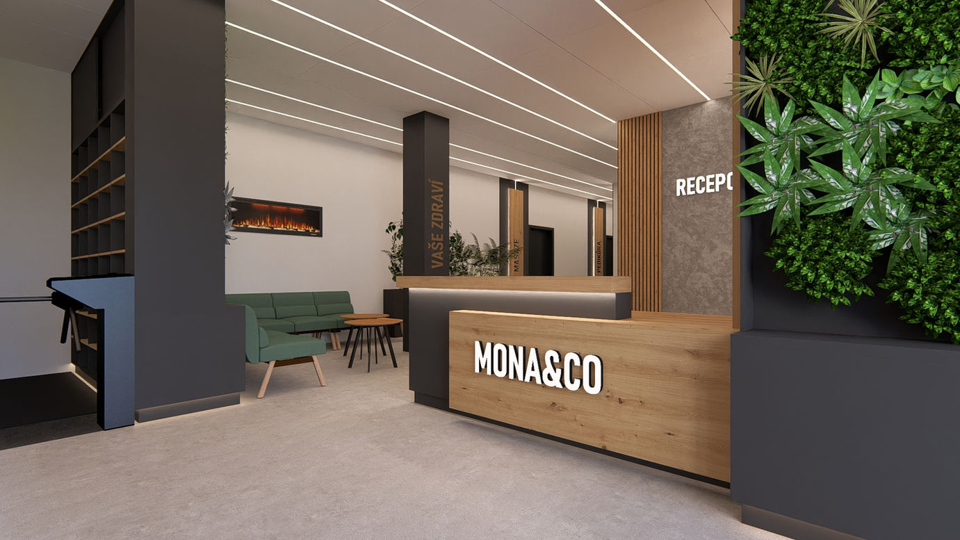 Fotorealistická vizualizace recepce MONA&CO s dřevěným obkladem a zelení