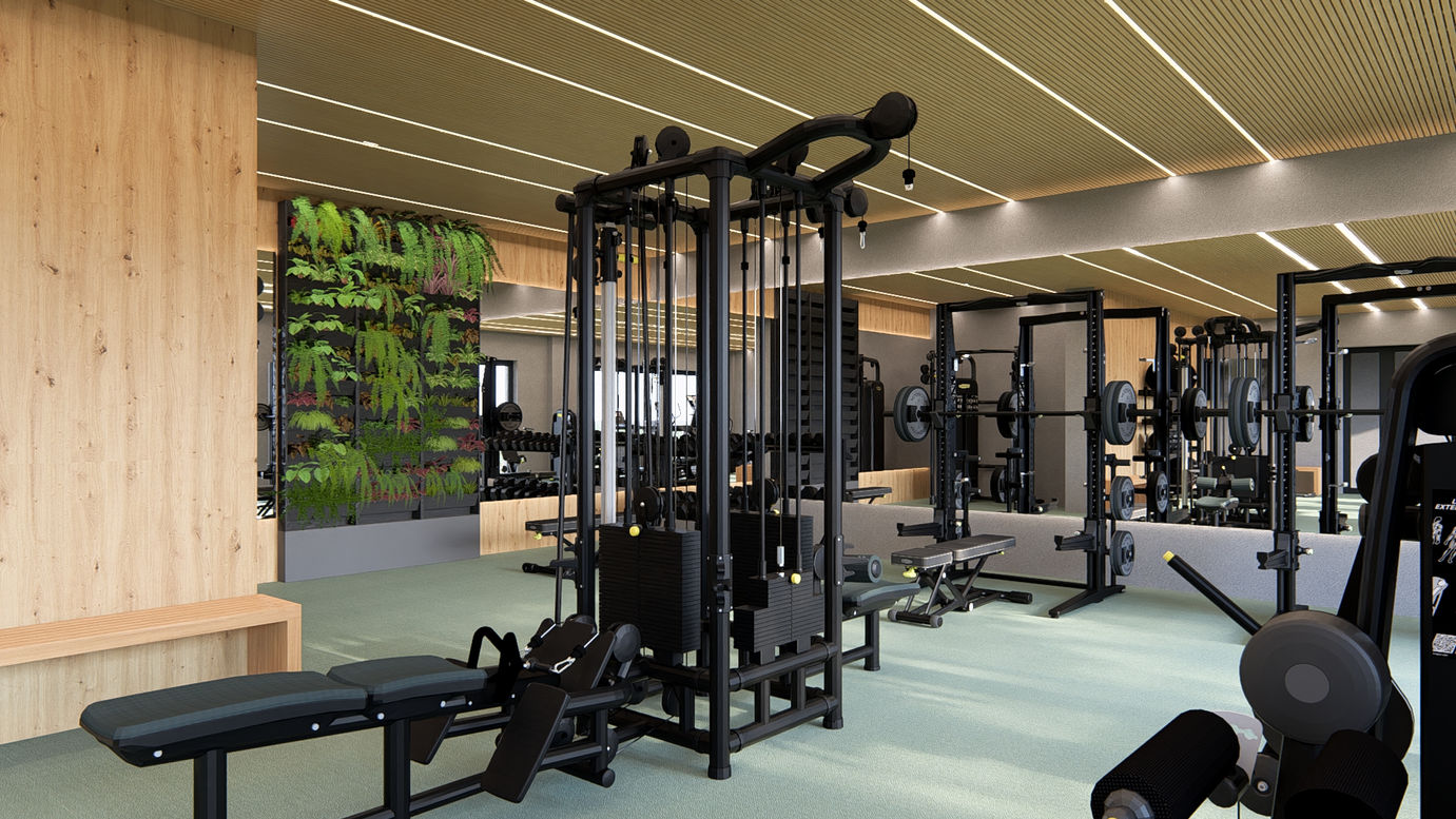 Fotorealistická vizualizace fitness centra MONA&CO s posilovacími stroji