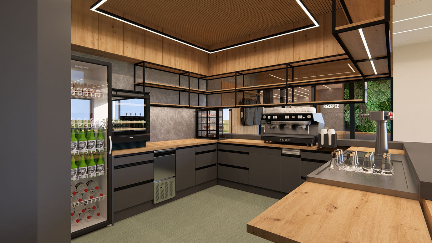 Fotorealistická vizualizace interiéru restaurace MONA&CO s barem a kuchyní