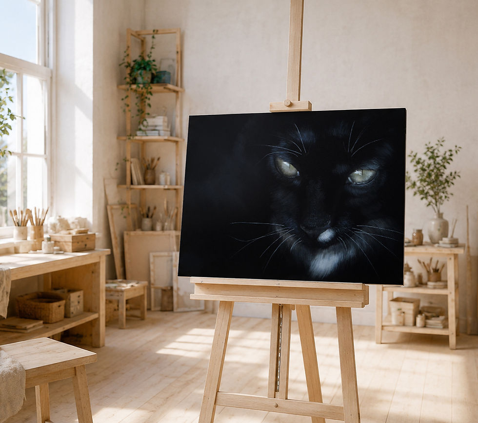 Schwarzes Katzenporträt auf Staffelei in hellem Atelier, umgeben von Holzregalen, Pflanzen und warmem Tageslicht.