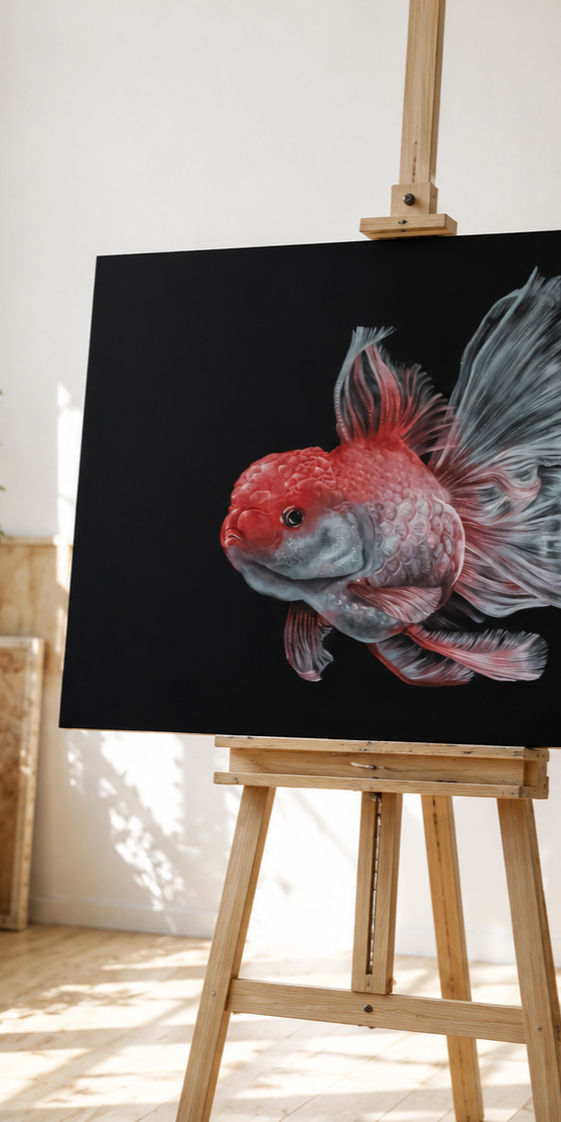 Gemälde eines rot-grauen Fisches auf schwarzer Leinwand an einer Holzstaffelei in hellem Atelier, ruhig und kunstvoll.