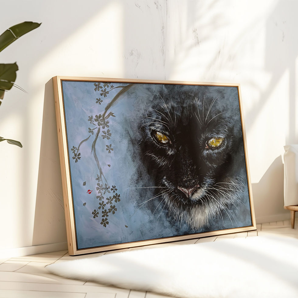 Acrylmalerei einer schwarzen Katze mit goldenen Augen auf Leinwand, reduzierte Farbpalette in Schwarz und kühlen Blautönen, a