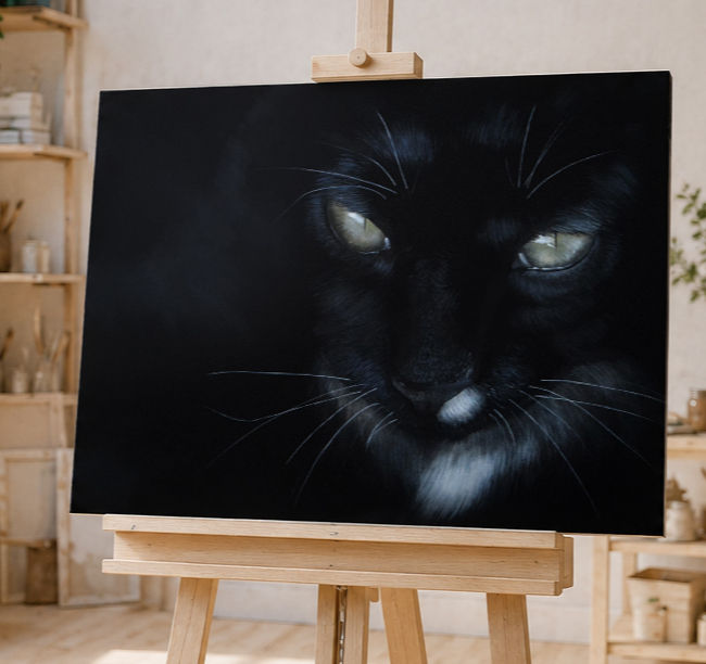 Schwarzes Katzenporträt auf einer Staffelei im Atelier, mit leuchtenden Augen vor dunklem Hintergrund.