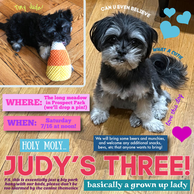 Digital collage invitation to dog birthday party in prospect park brooklyn