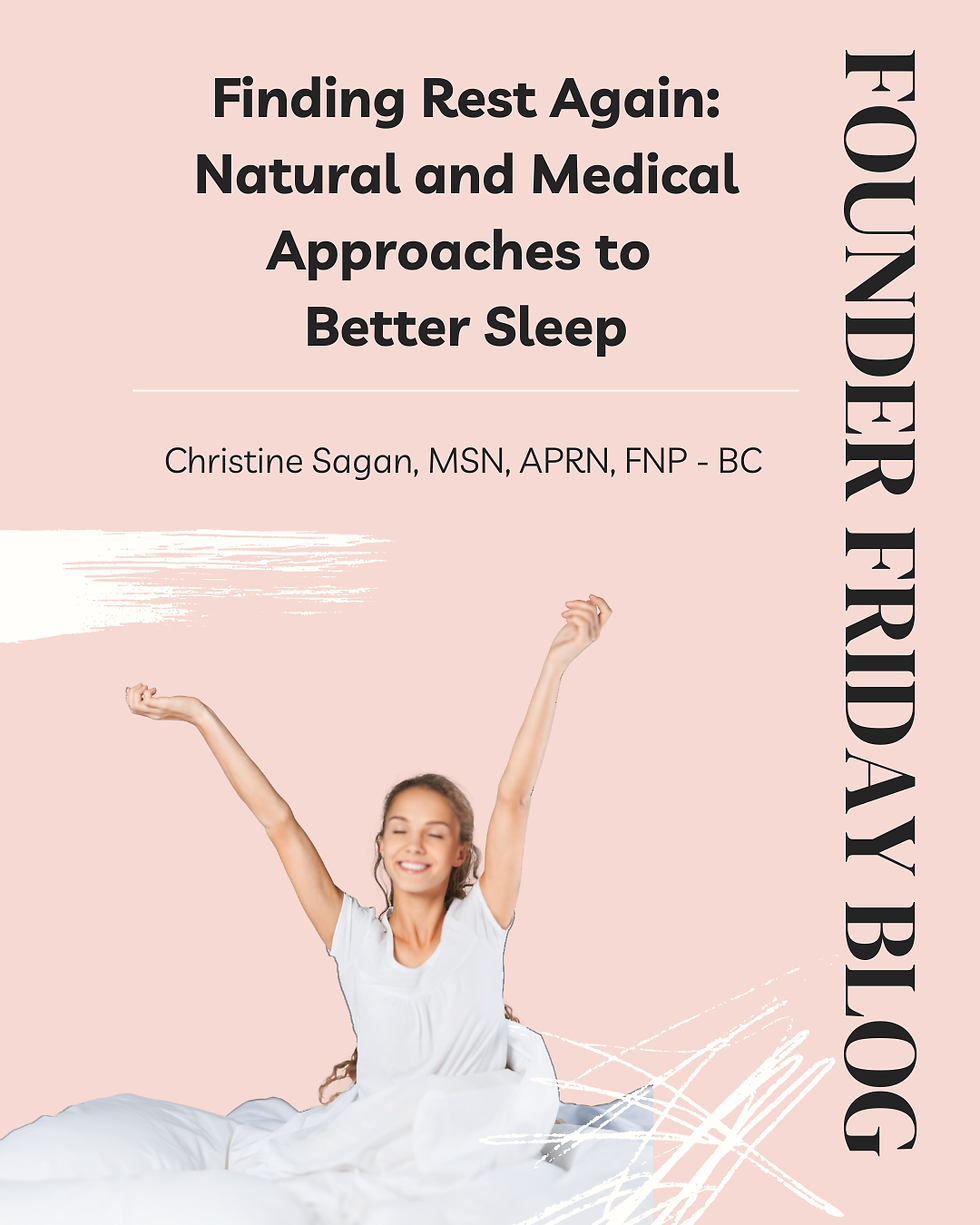 Woman stretching in bed, smiling. Text: Finding Rest Again: Natural and Medical Approaches to Better Sleep by Christine Sagan. Pink background.