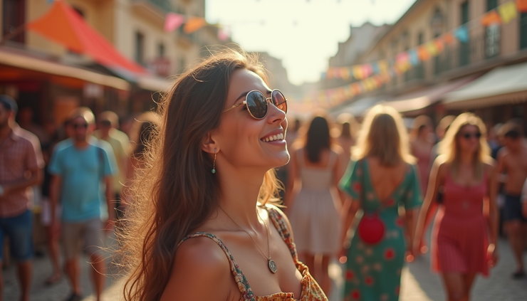 High angle view of a solo woman enjoying a cultural festival in a vibrant city square