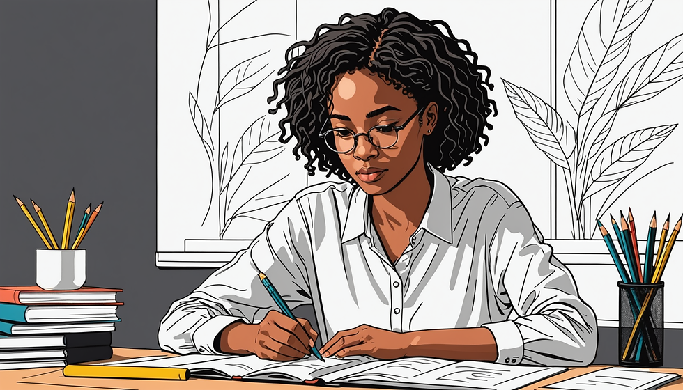 Woman with glasses writing at a desk, surrounded by books and pencils. Calm, focused expression. Simple line art background with leaves.