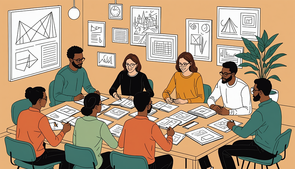 A diverse group discusses papers around a table in a room with art on beige walls. They're engaged and collaborative, with a calm mood.