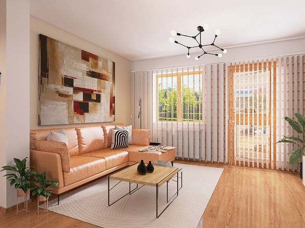 Renderingaufnahme vom Wohnbereich inkl. Ecksofa in Leder mit hellen Accessoires
