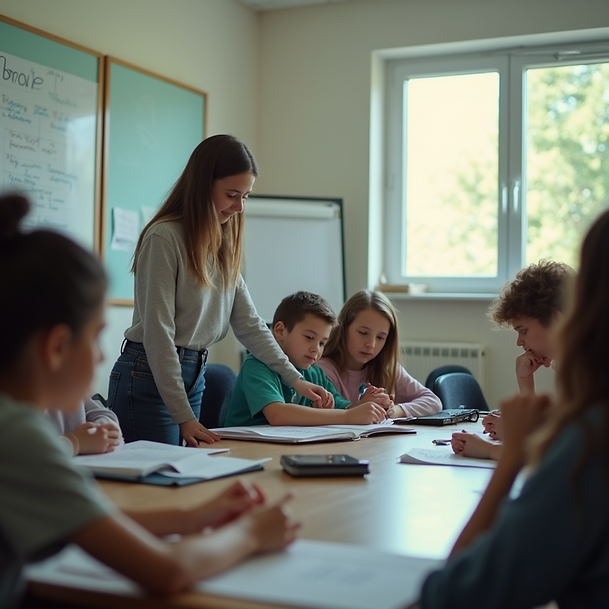 detail shot small classroom setting students collaborating instructor guidance natural day