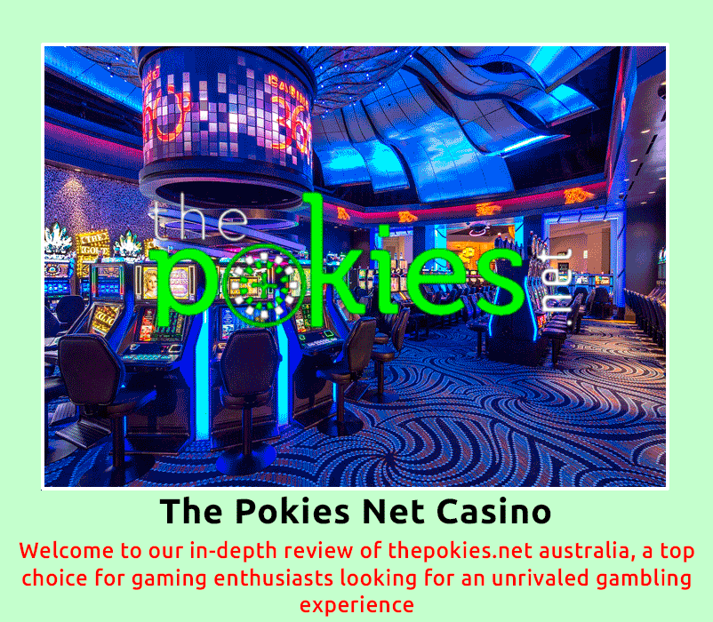 Animated interface of The Pokies Net Casino showcasing slot games and features