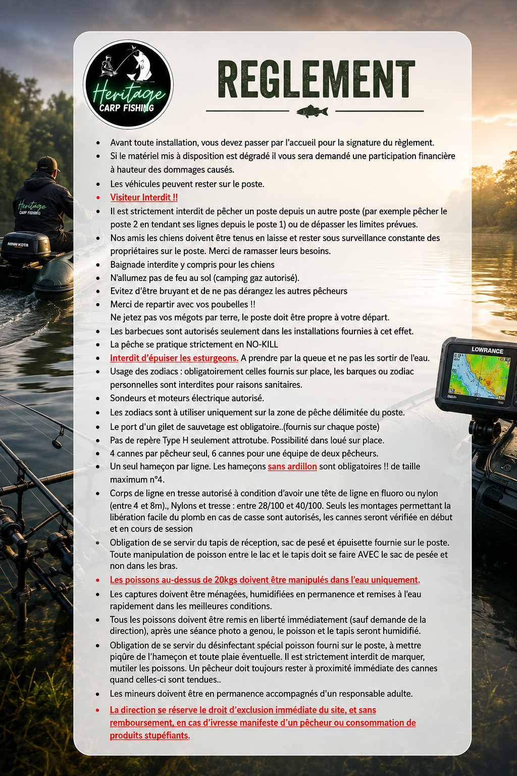 Règlement du domaine Heritage Carp Fishing
