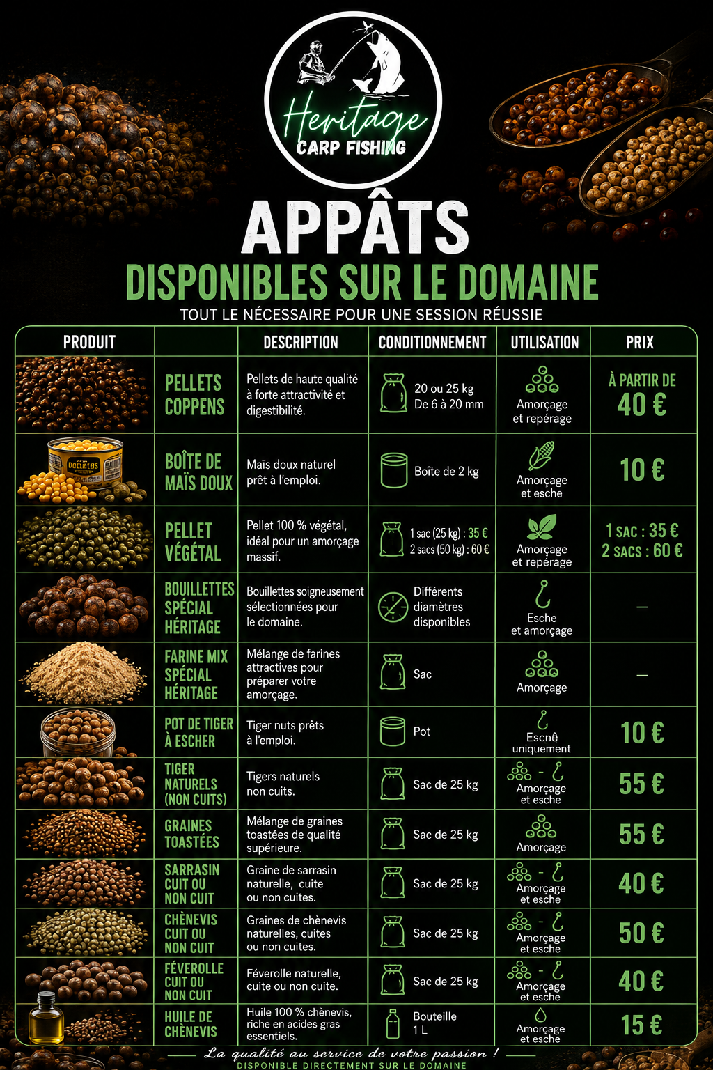 Appâts et petit matériel vendus sur le domaine