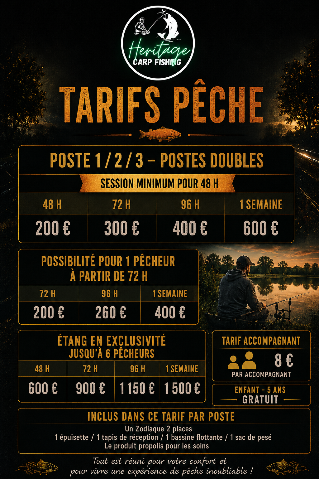 Grille tarifaire Heritage Carp Fishing
