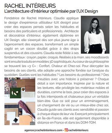 Présentation de Rachel Intérieurs, agence d’architecture d’intérieur alliant design UX et décoration sur-mesure.