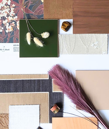 Moodboard d’inspiration Rachel Intérieurs : sélection de matériaux, textures et couleurs pour un projet d’architecture.