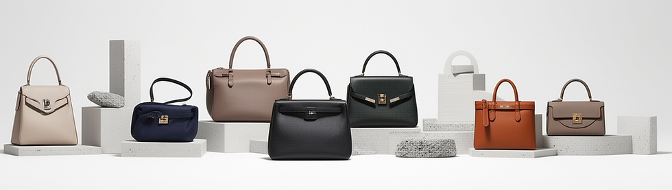 Collection of luxury leather handbags on display pedestals