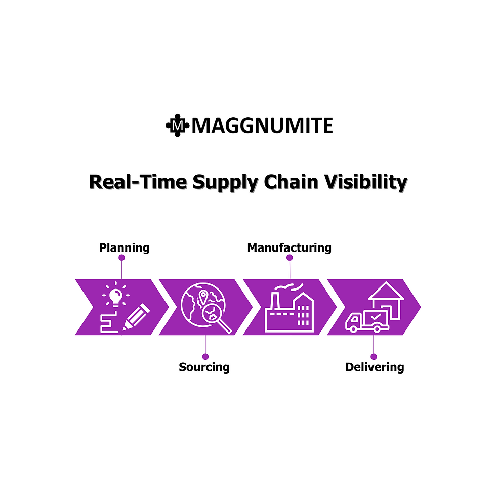 Purple arrow diagram labeled “Real-Time Supply Chain Visibility” with icons and stages: Planning, Sourcing, Manufacturing, and Delivering. Includes the Maggnumite logo at the top.