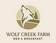 Wolf Creek Farm Bed and Breakfast logo featuring a howling wolf silhouette with a pine tree and rolling hills in earthy tones