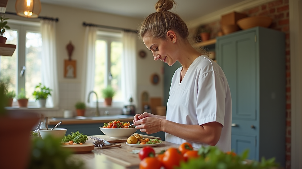 Eye-level view of a home health aide preparing a meal in a cozy kitchen