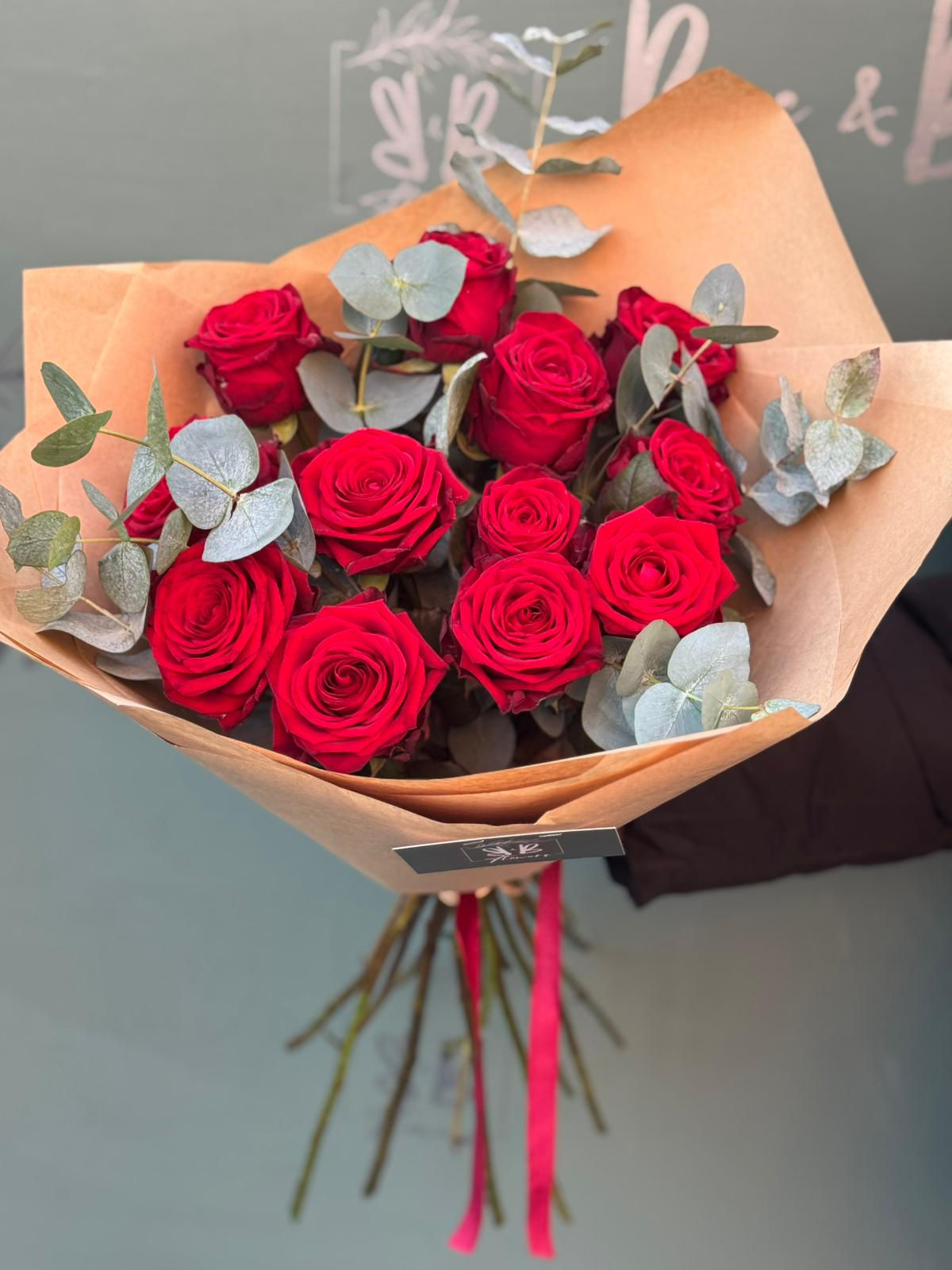 12 Classic Rose & Eucalyptus Wrapped Hand Tie (out of water)