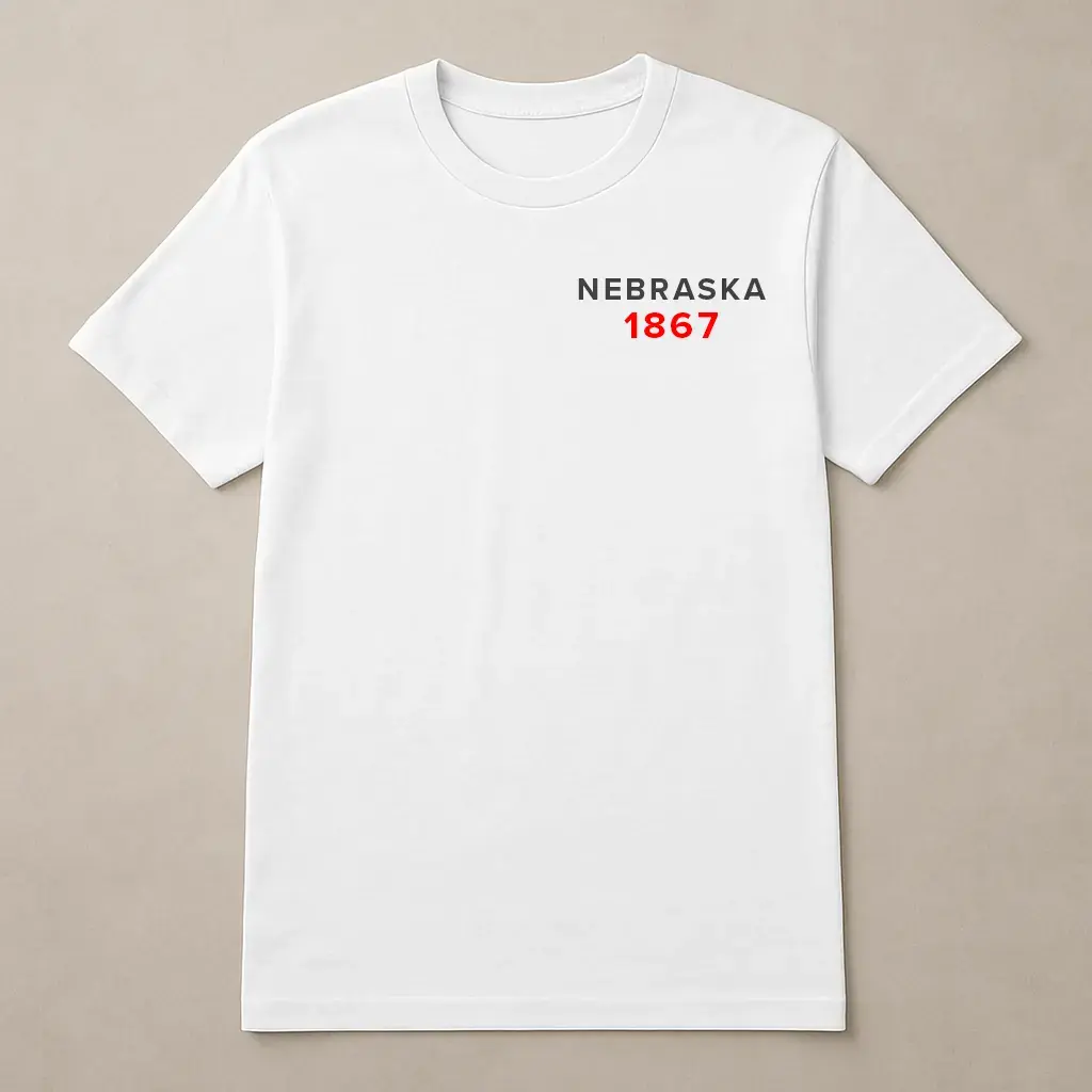 White Nebraska 1867 t-shirt with black and red text design