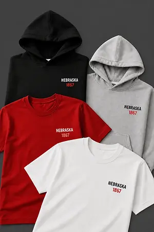 Four Nebraska 1867 apparel items displayed on a dark charcoal-gray background, including a black hoodie, a light gray hoodie, a red T-shirt, and a white T-shirt. Each garment features a small Nebraska 1867 logo on the left chest, with “Nebraska” in black or white and “1867” in red. The clean flat-lay arrangement highlights the apparel collection with a modern, minimalist presentation.