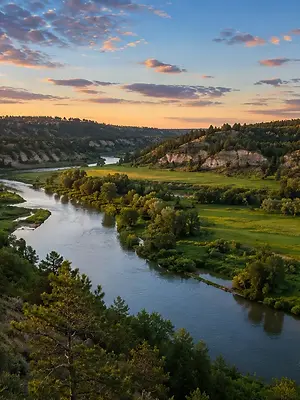 Nebraska 1867 workshops. Sunset view of the Niobrara River winding through the Nebraska river valley, surrounded by pine-covered hills, rugged cliffs, and lush green meadows beneath a colorful evening sky.