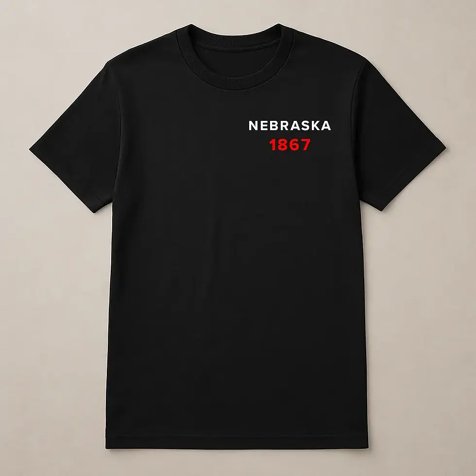Black Nebraska 1867 t-shirt with white and red text design