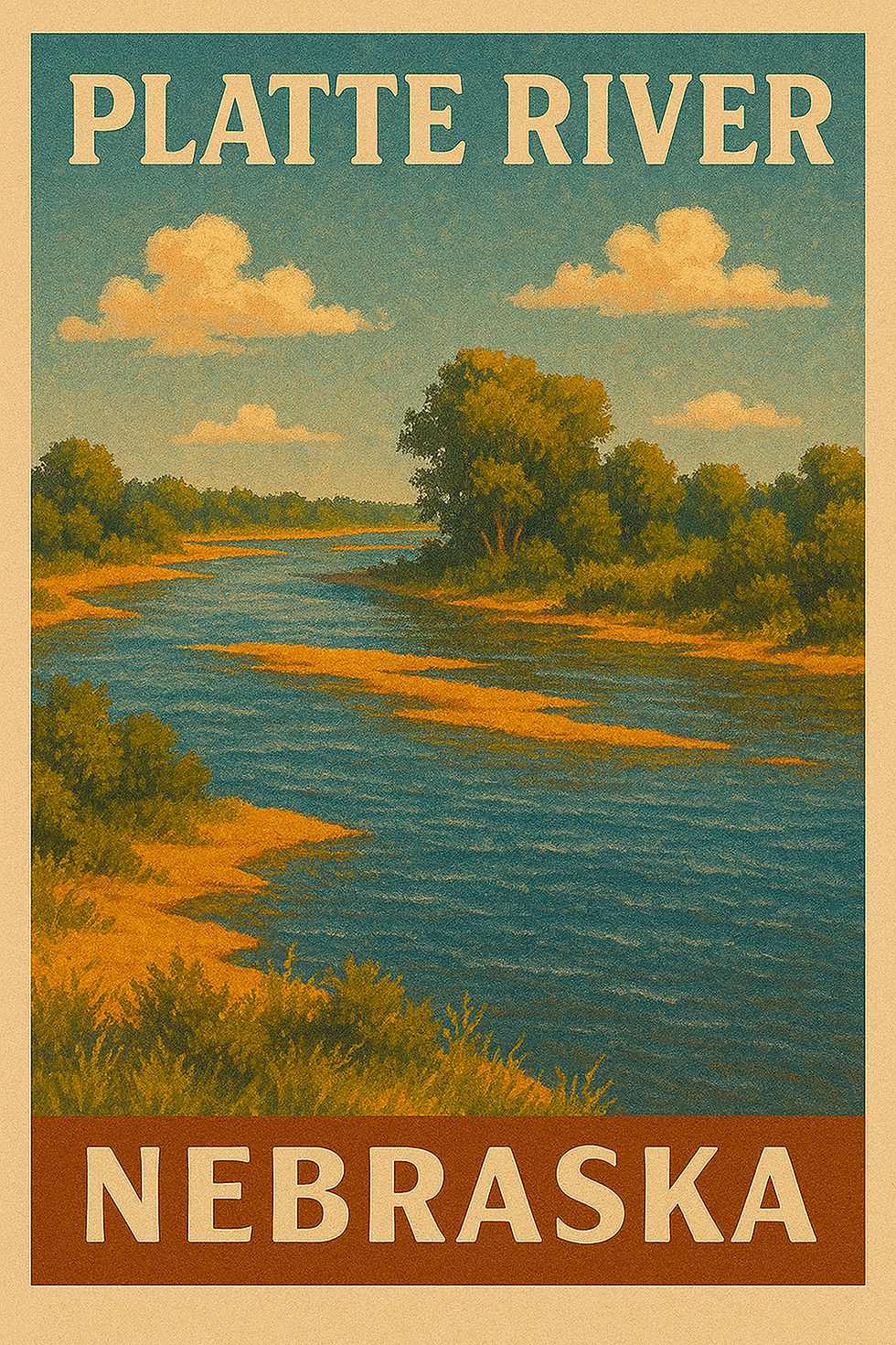 Vintage-style poster of the Platte River in Nebraska with winding water, sandbars, and trees