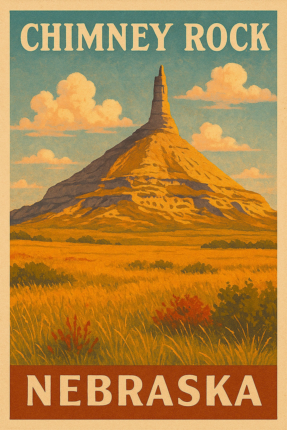 Vintage-style poster of Chimney Rock in Nebraska with golden prairie grass and blue sky