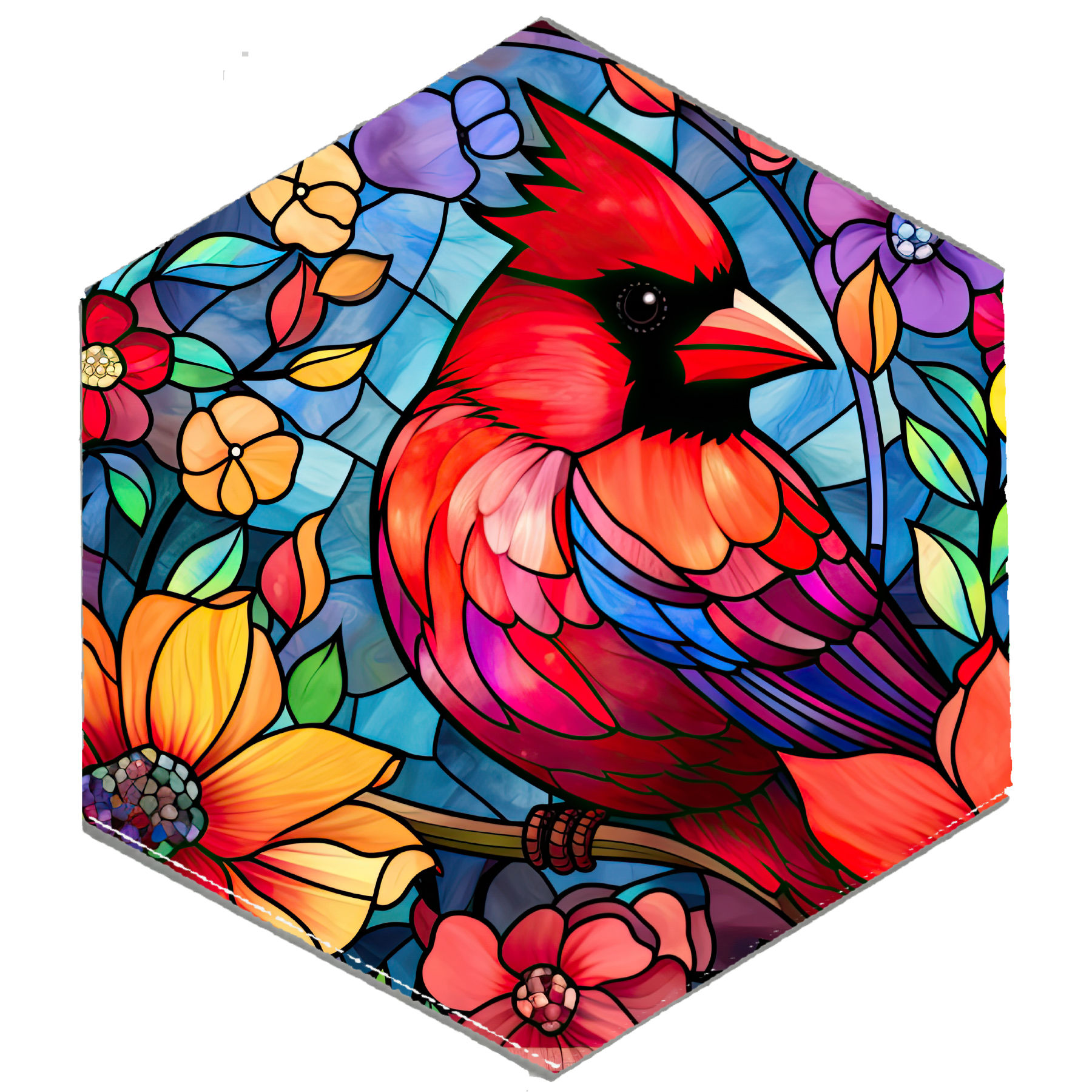 Glass Ornament design Cardinal Two floral Hexagon