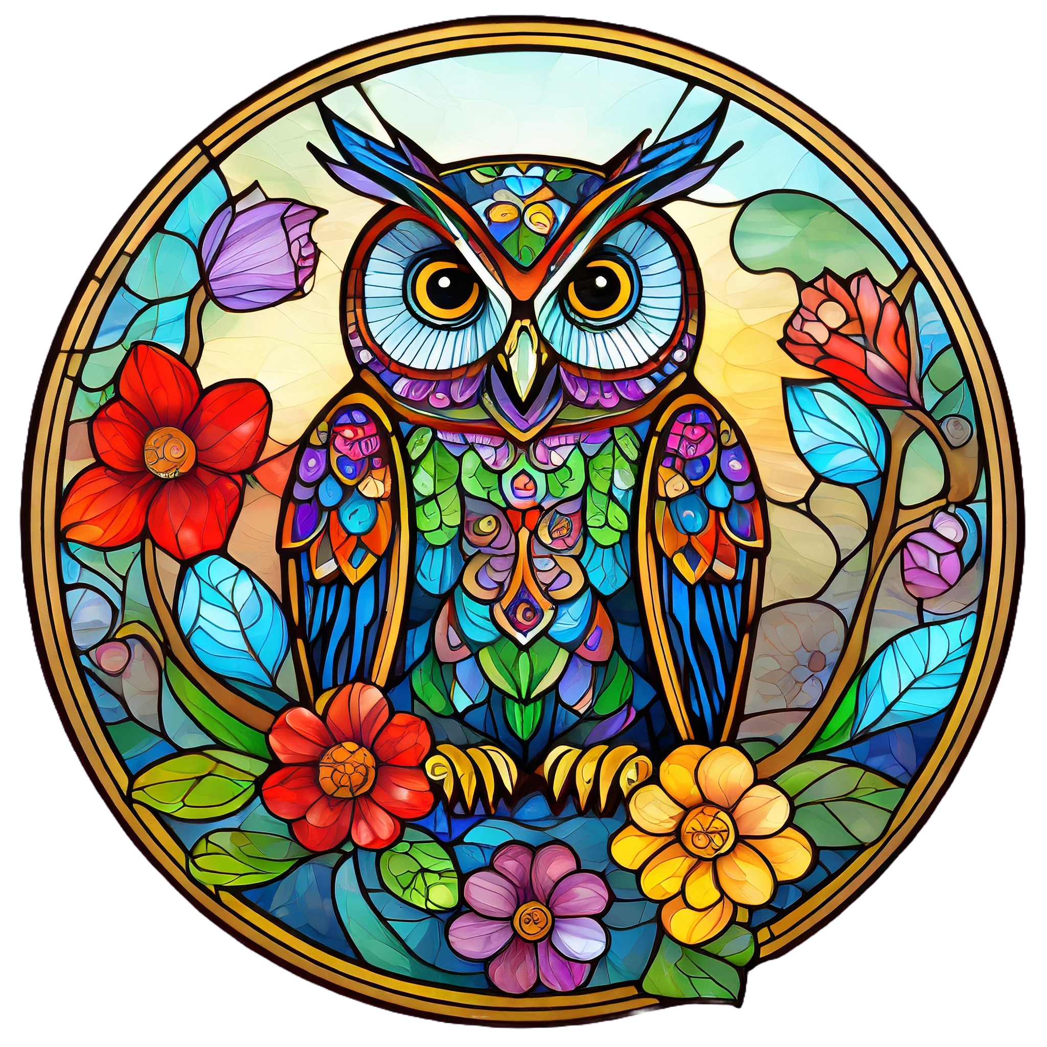Glass Ornament design Owl bright floral Round