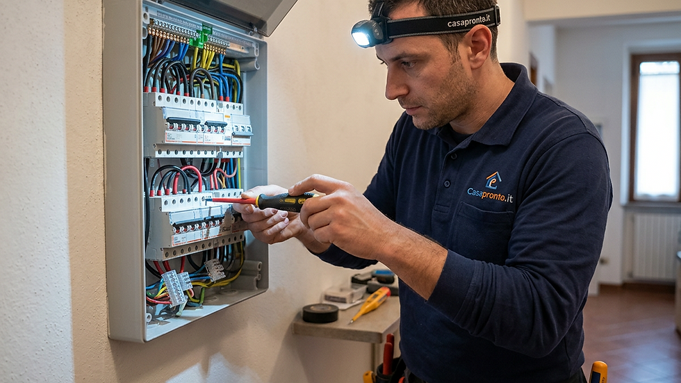 Eye-level view of an electrician working on a home electrical panel