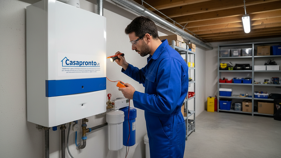 Eye-level view of a technician inspecting a boiler in a home basement