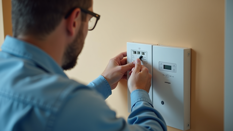 Vista laterale di un elettricista che installa un dispositivo di protezione su un impianto elettrico domestico