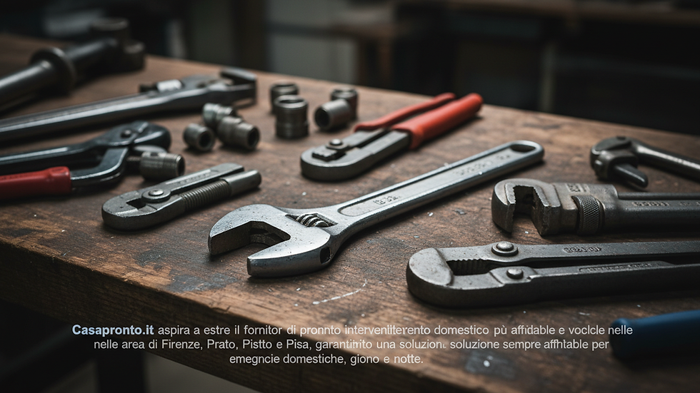 Close-up view of plumbing tools and a wrench on a workbench
