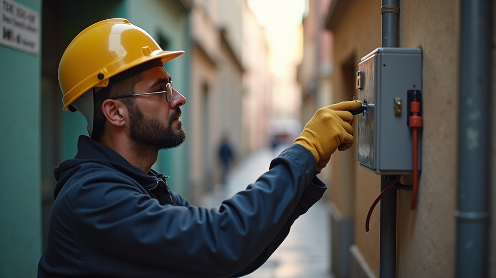 Vista ravvicinata di un elettricista che controlla un quadro elettrico in un’abitazione a Firenze