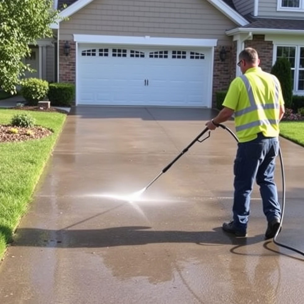 A professional pressure washer cleaning a driveway to enhance curb appeal.