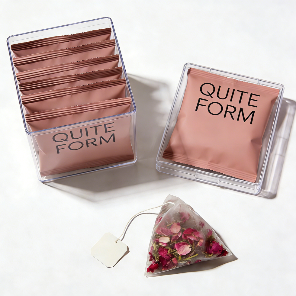 QUITE FORM sachets and pyramid tea bag with rose petals.