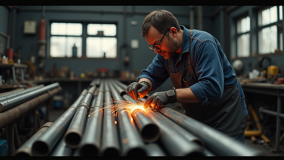 Close-up view of a skilled worker fabricating pipes in a workshop
