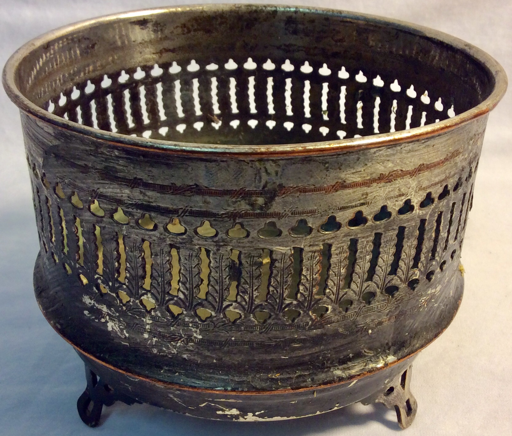 Aged silver small brass pot with cut details