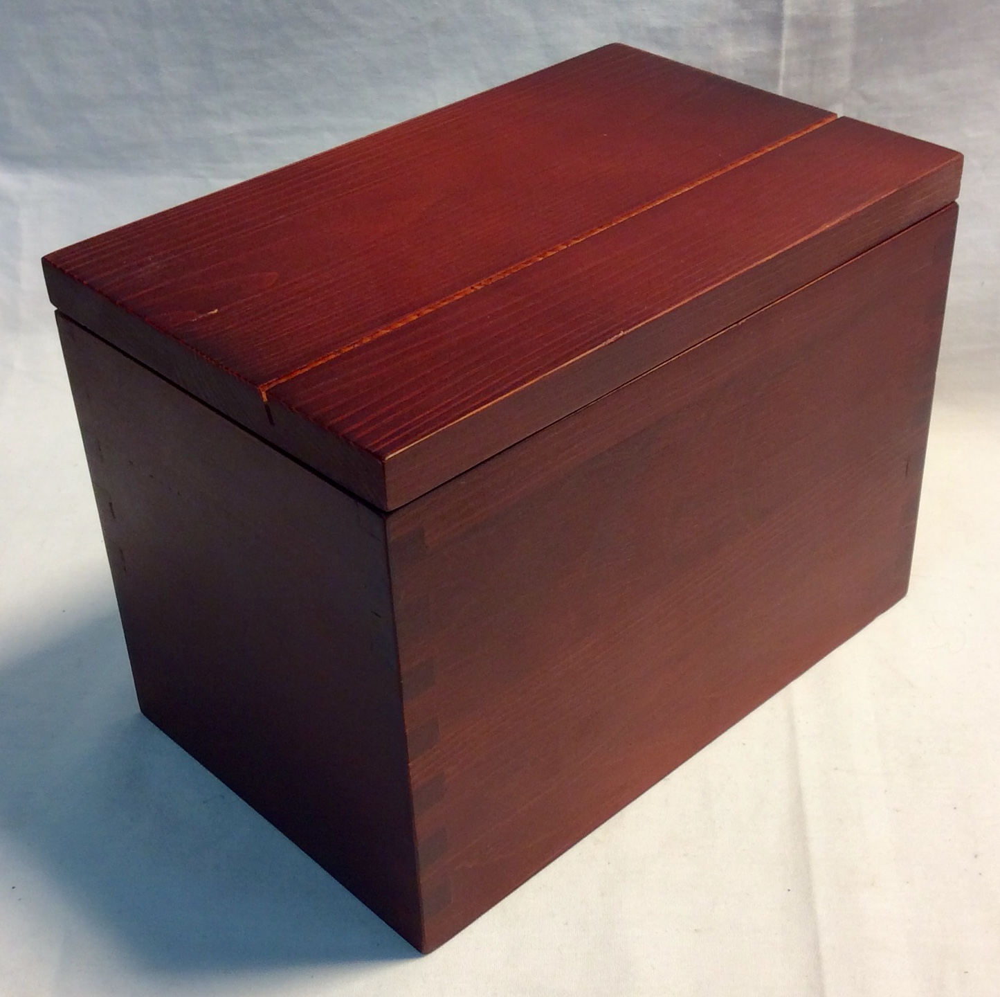 Red stained wooden recipe box