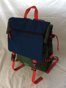 General supply outdoorsy school bag. Blue and green with red straps